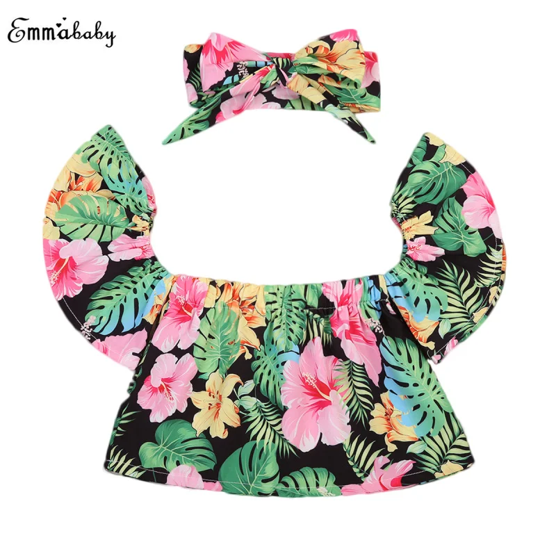 Infant Baby Girl Lotus Leaf Neck Off Shoulder Tank Top Tropical Plant Skirt Clothes Suit Set