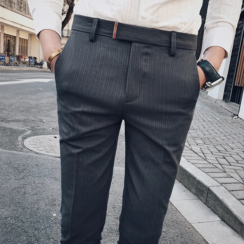 

2019 Spring New Men's Casual Slim Bound Feet Ankle-length Trousers Tide Solid Color Stripe Western-style Suit Pants Male 28-34