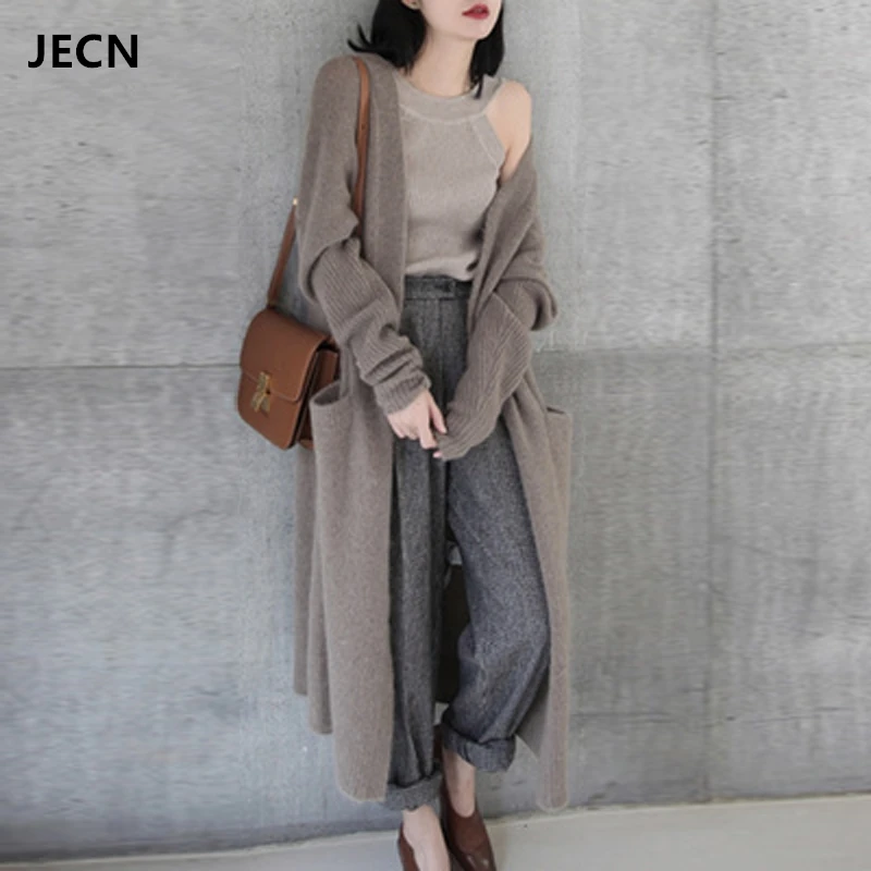 

JECH New Fashion Sping Cardigans Women Cashmere Wool Casual Long Big Sweaters Pockets Female Coats Super Long Oversized Sweaters