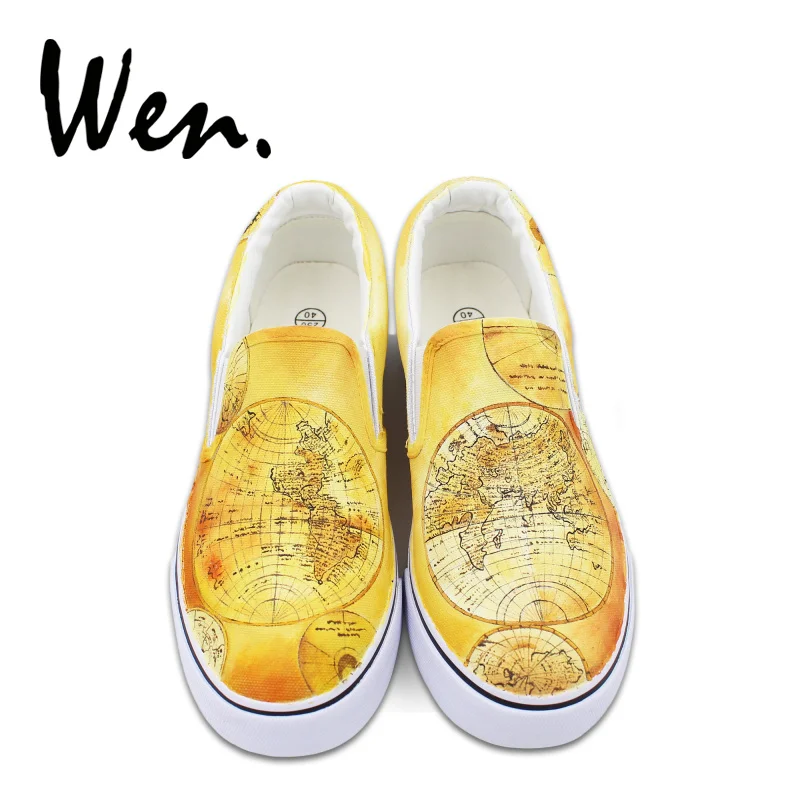 Вэнь Дизайн Винтаж стиль Карта мира с изображением всей земной поверхности ручная роспись слипоны обувь желтый холст унисекс Спортивная