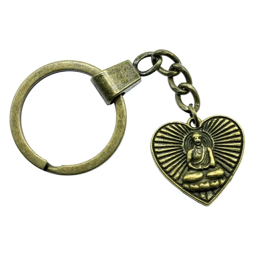 

Keyring 23x24mm Double Sided Buddha Heart Antique Bronze Color Men Jewelry Car Key Chain Ring Holder Souvenir For Gift