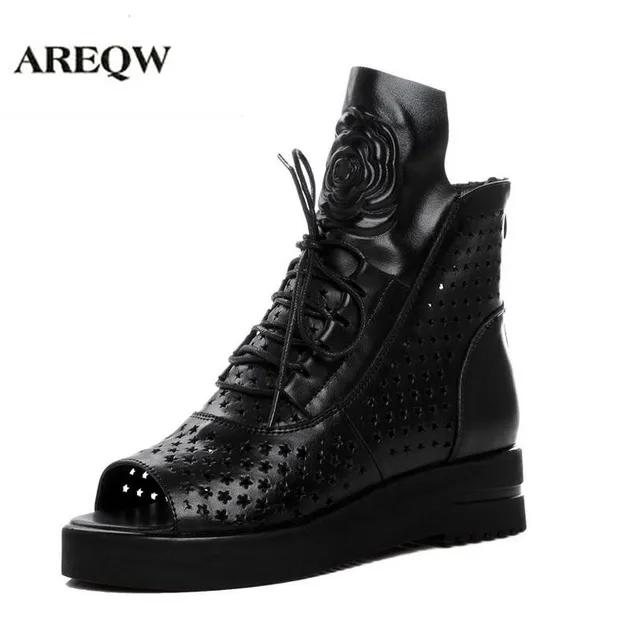 AREQW 2017 summer leather sandals flat shoes woman Large size Hollow cross lace fish mouth high shoes state high heels woman 
