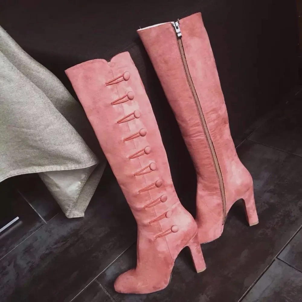 

Pink Faux Suede Women Boots Chunky Heels Buttons Bottes Fourrure Femmes 2016 Boots For Women 12 Size Chaussure Femme Botte