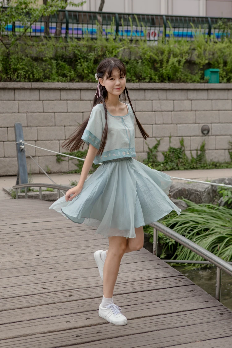Зеленый речной поток женский китайский стиль зеленый шифон и лен асимметричный подол юбка Мори для девушки короткая юбка