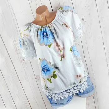 

JAYCOSIN blouses Women Summer Plus Size Casual Printed Off Shoulder Top Lace Blouse poleron mujer 9715