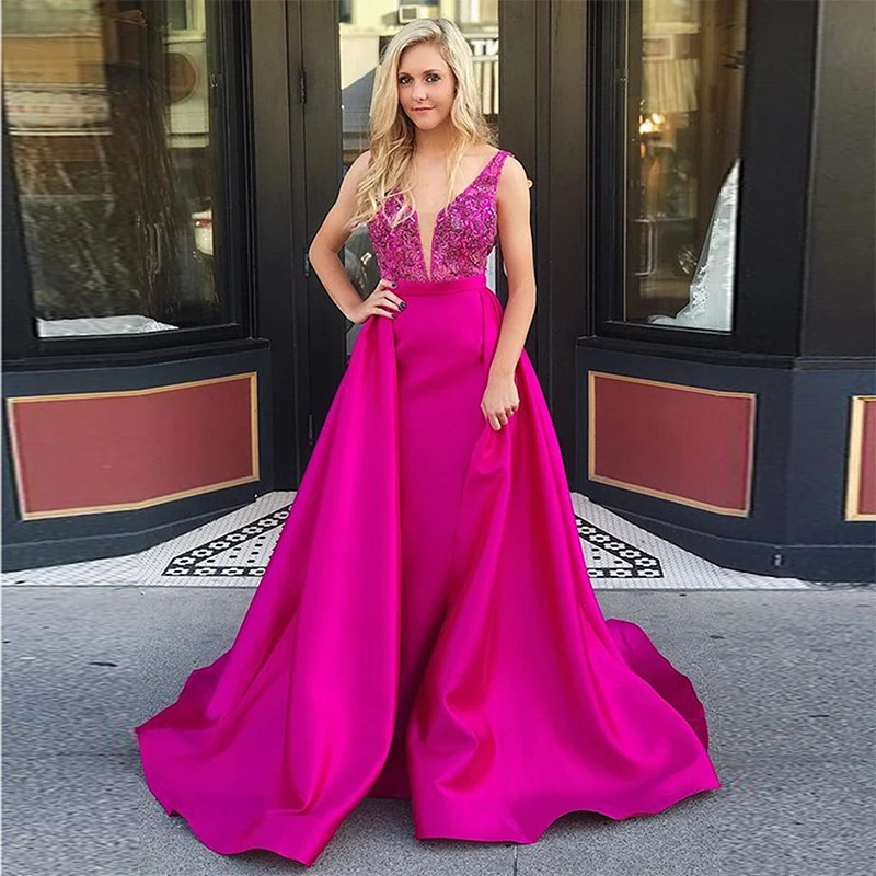 

Long Peachblow Prom Dresses V-neck Sleeveless Evening Gowns Backless Sweep Train 2019 Women Formal Party Dress Delicate Beading