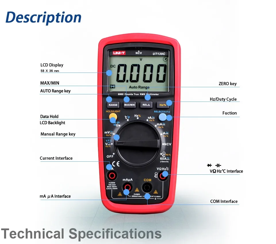 UNI-T UT139C Цифровой мультиметр автоматический диапазон True RMS метр конденсатор тестер Ручной 6000 Счетчик Вольтметр температура