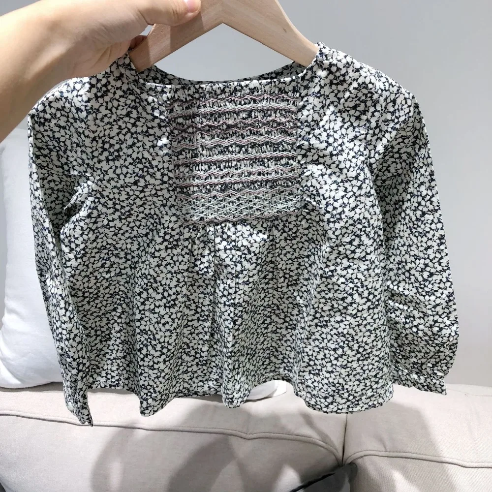 

Autumn girls tops long sleeve floral pattern smocking kids tops high quality boutique baby girls clothes