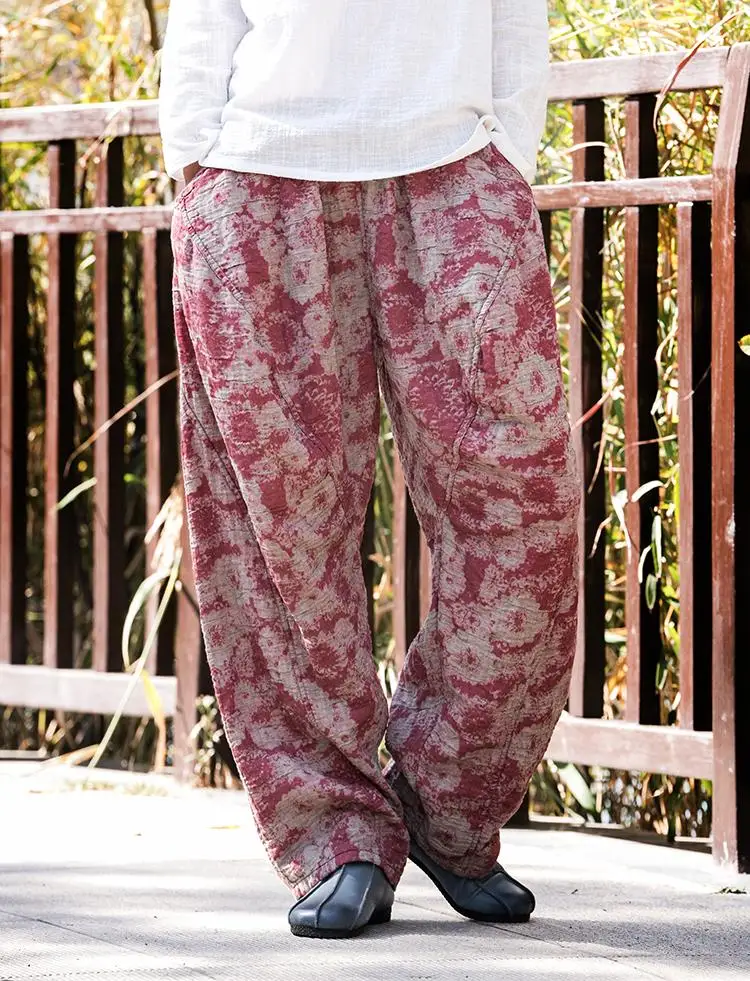 Женские зимние повседневные льняные с принтом свободные женские брюки с эластичной талией винтажного размера плюс мягкие Плотные шаровары