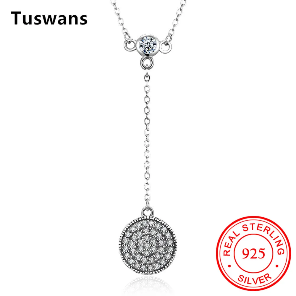 100% 925 Sterling Silver Link Chain Disc Pendant with Clear CZ Zircon Necklace for Women 