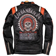 Для мужчин локомотив воловьей пояса из натуральной кожи Куртки моторный Байкер пальто для будущих мам Винтаж Черный Вышивка Череп узор куртк