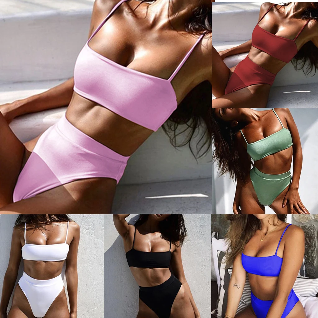 

Women Summer Beach Bandeau Bandage Solid Pink Black 6 Color Bikini Sets Brazilian High Waist Swimwear Beachwear Swimsuit Nylon
