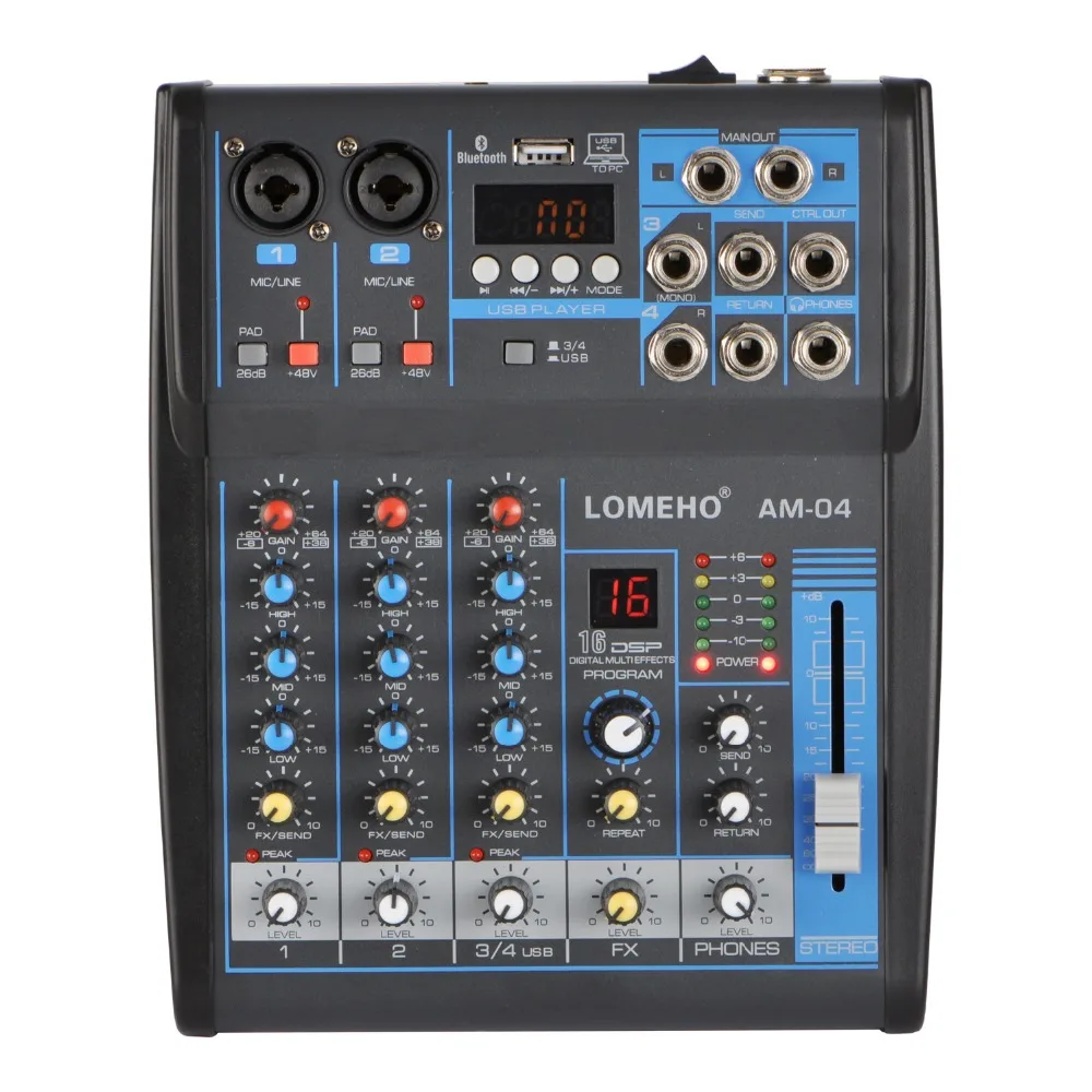 Review Top  LOMOEHO AM-04 2 Mono + 1 Stereo 4 Channels Bluetooth USB 48V Phantom Professional DJ Audio Mixer