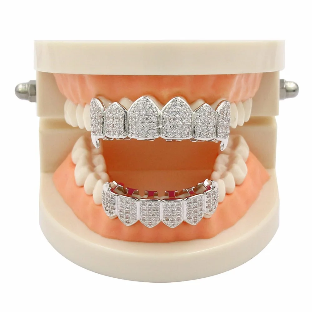  UWIN Hip Hop GRILLs Iced Out AAA Zircon Fang Mouth Teeth Grills Caps Top & Bottom Grill Set Men Wom