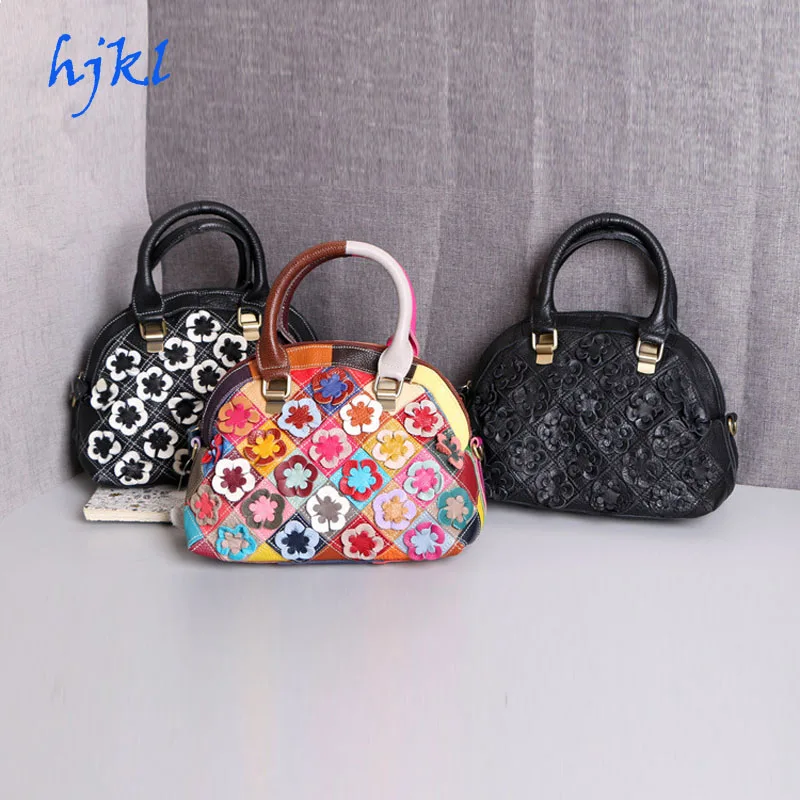 

Genuine Leather hand bag flower color stitching casual tide bag handbag shoulder slung handbag
