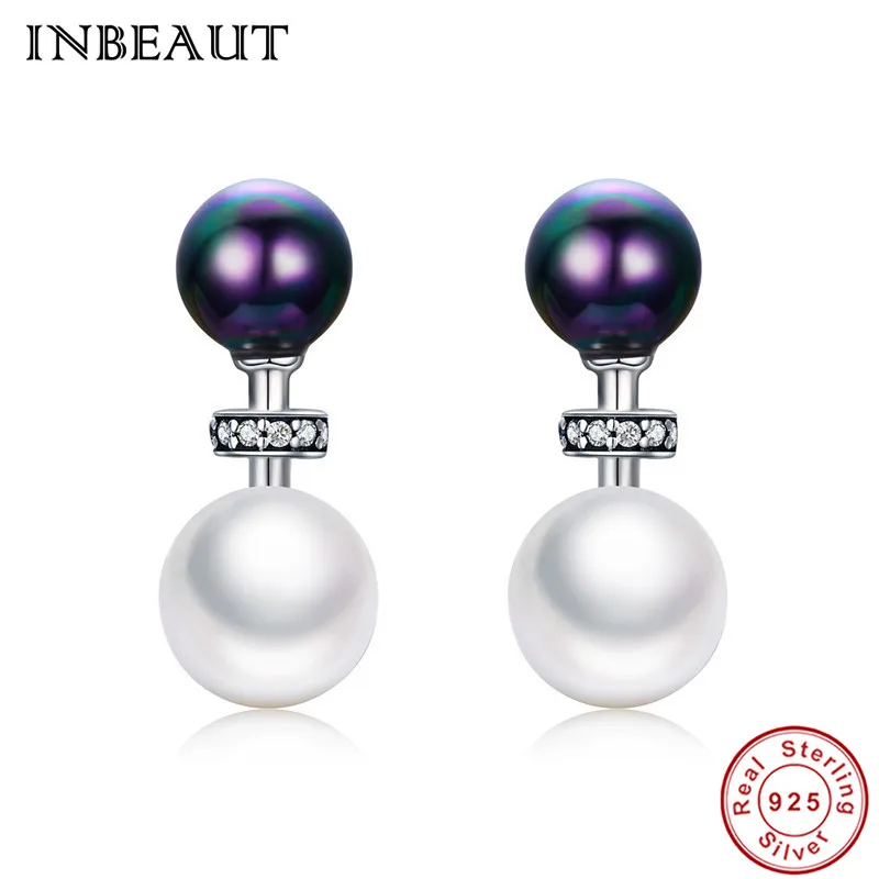 

INBEAUT Fashion Pearl Earrings 100% Real 925 Sterling Silver Round White Zircon Paved Double Pearls Stud Earrings for Women