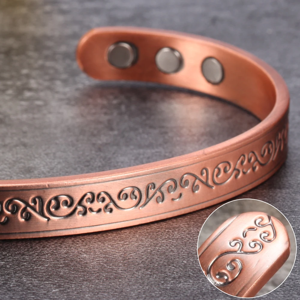 Vinterly Magnetic Bracelets Pure Copper Unisex Health Energy Bangles Vintage Flower Adjustable Open Cuff Jewelry Women Resizable 5