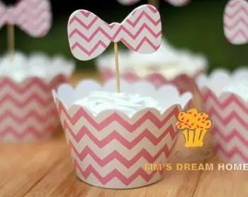 

Free Shipping 120pcs/lot Stripe Pattern Bowknot Shape Cupcake Decoration Set 8 Color Available Include Wrappers And Toppers