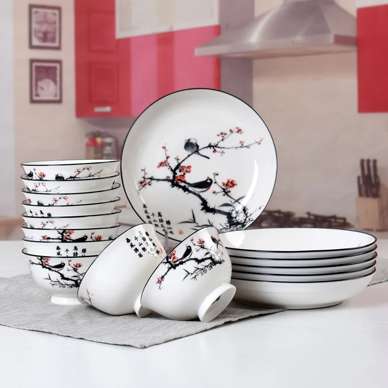 

wedding ceramic bone plate Bowl and Plate Set Household Chinese Ink-wash Ceramic Tableware Gift Bowl and Plate Combination
