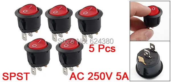 

SPST 1P1T On-off Snap In Round Boat Rocker Switch Red Indicator Light 3 Pin 3P 5A 250V / 10A 125V AC Discount x 5 Pcs / Lots