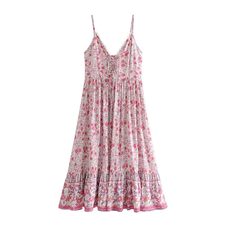 

GYPSY Boho Chic Summer Vintage Floral Print Midi Strap Dress Women Fashion Back Elastic Zipper Beach Dresses Vestidos Mujer