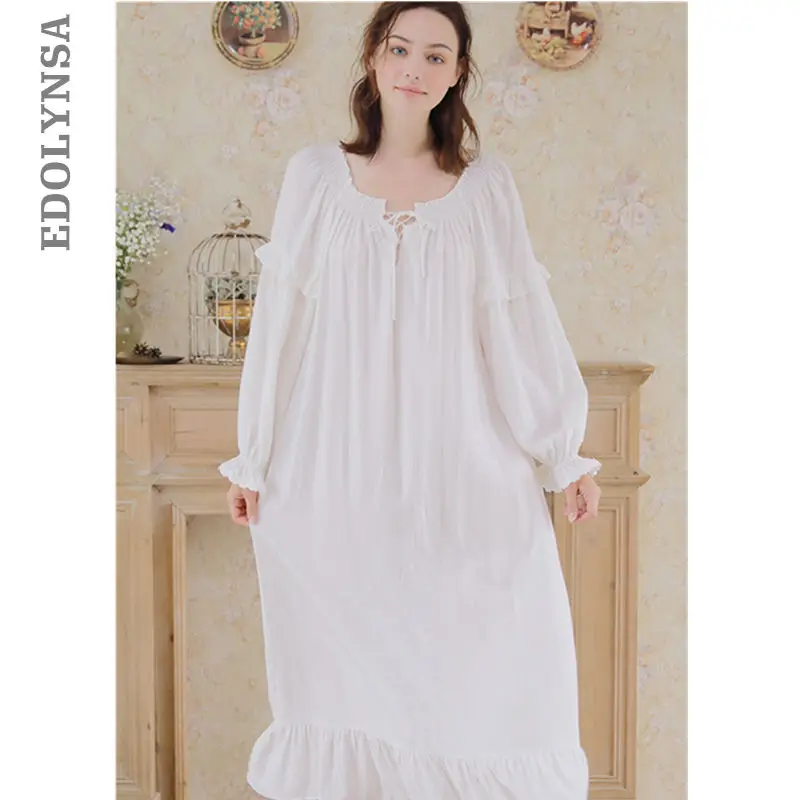 Vintage Lace Up Night Dress Women Sleepwear Autumn Long Nightgown White ...