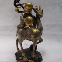 Xd 003264 Китай Чистая Бронзовый 24 К Gild Серебро Долголетия Бог Держите персик Ездить на пятнистый олень