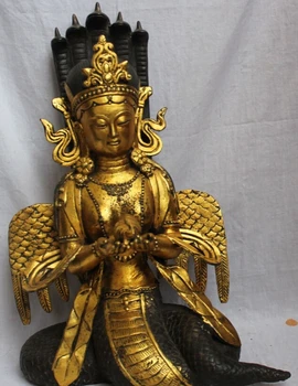 

USPS to USA S1945 23" Tibet Buddhism Bronze Gilt 5-Heads Snake Naga Kanya Buddha Goddess Statue