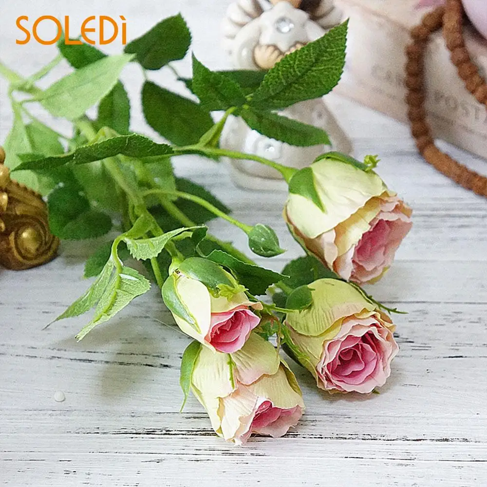 DIY Artificial Rosebuds Fake Rose Simulation Rose Buds European 4 Heads