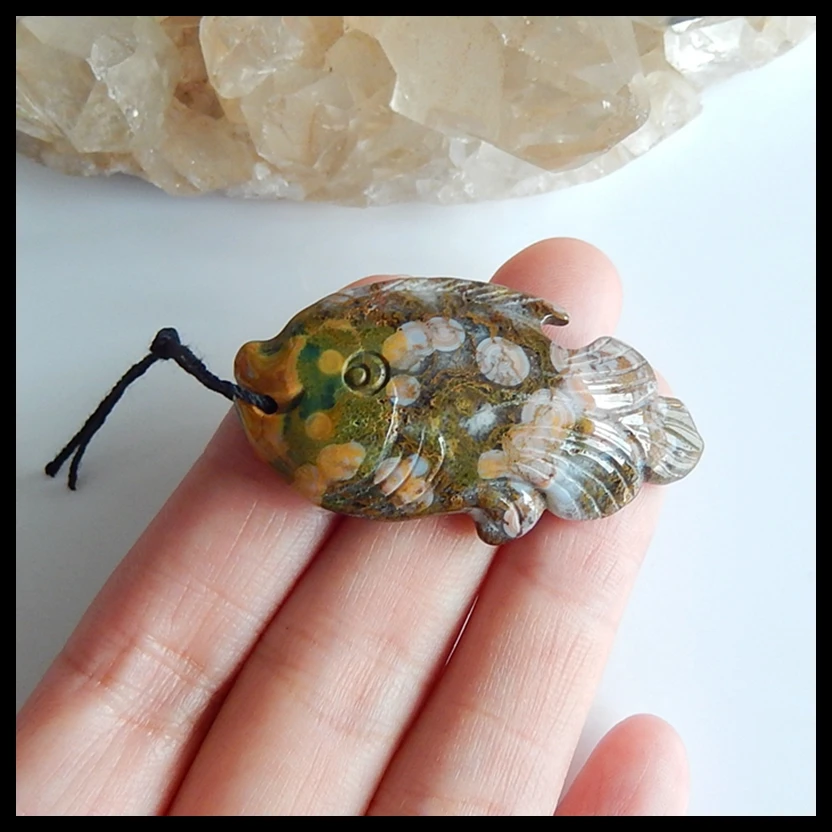 

Semi-precious stones Birthday gift Natural Fashion Ocean Jasper Carved fish Pendant Beads,46x24x10mm,11.9g
