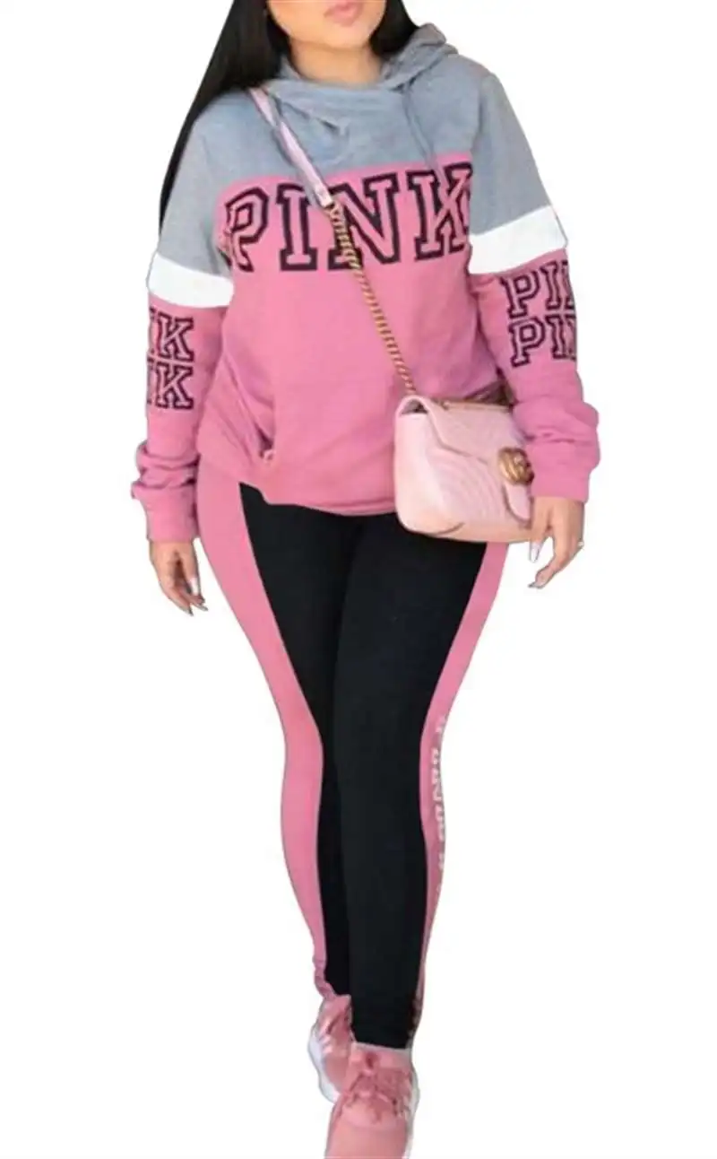 

2019 Pink Letter Print 2pcs Tracksuit Women Hoodies Tops And Patchwork Pants Suits Casual Outfits Two Piece Set Plus Size XXXL