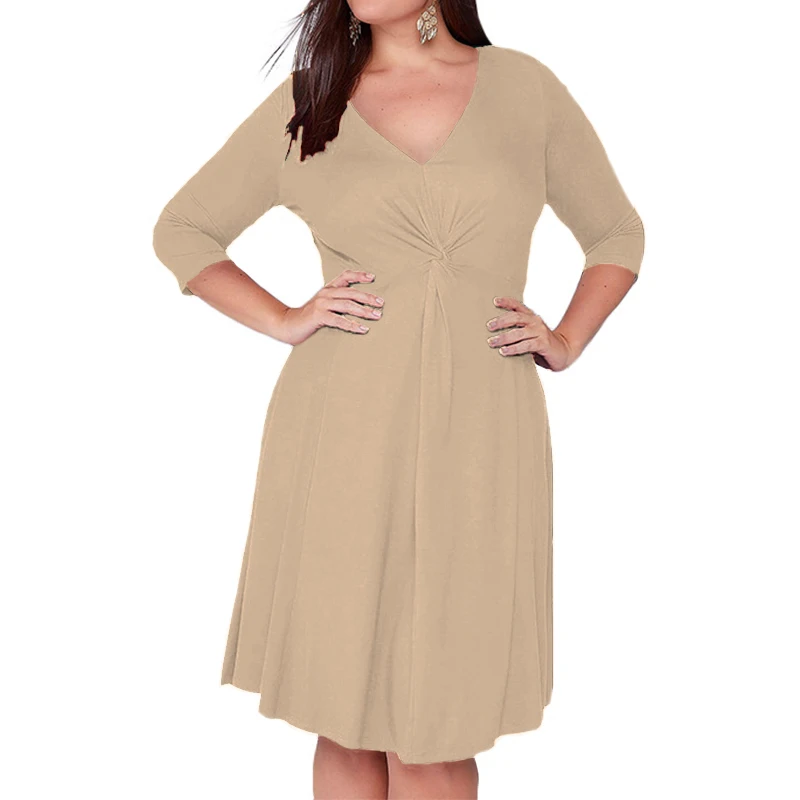 Autumn Women Dress 2018 New Plus Size Dresses Casual Women Clothing Sexy V Neck Solid Pleated 