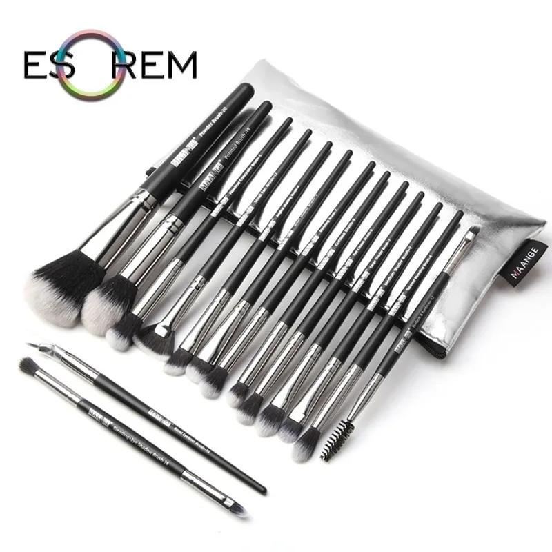 

ESOREM 15 Pcs Makeup Brush Organizer With Silver Bag Cosmetic Brush Set Angled Foundation Precision Shader Pinceaux Maquillage