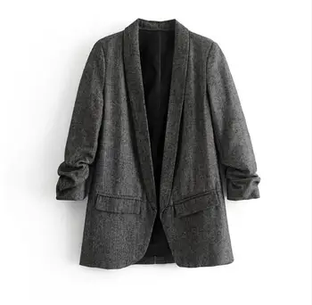 

Women's gray color v neck suit female folded sleeve Office lady Blazers coat outwear TB791