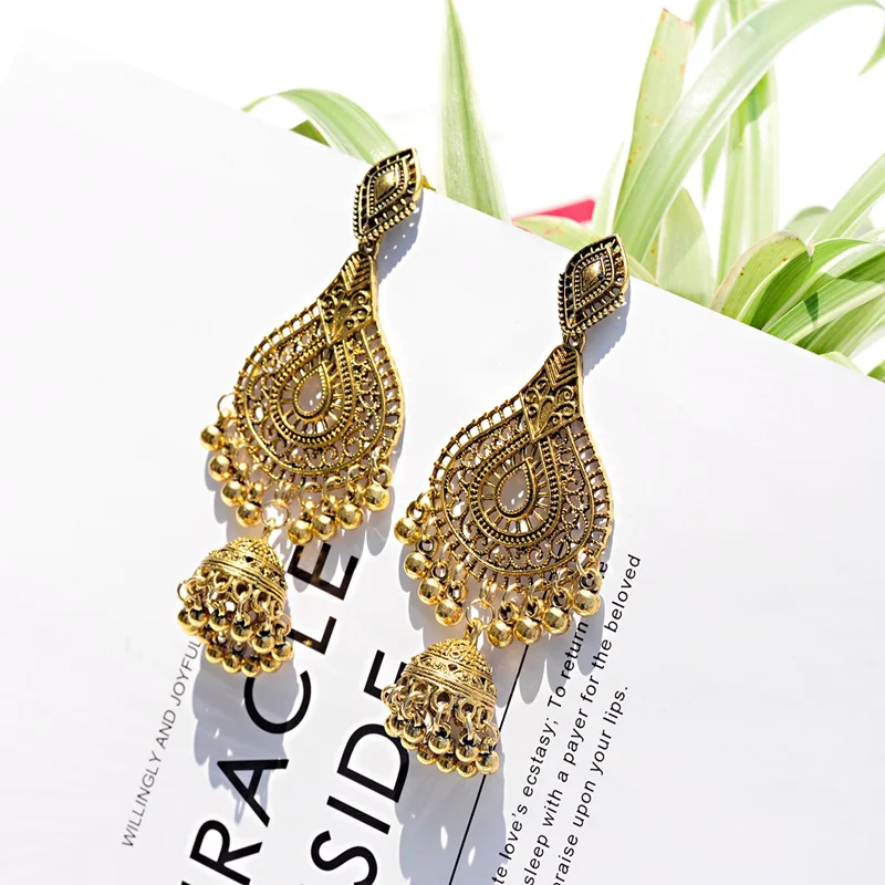 OIQUEI женские индийские серьги Jhumka богемные этнические металлические полые резные