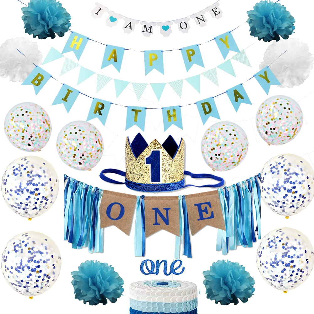 

Boy Baby One Year Birthday Bunting Flag Garland Cake Topper Unicorn Mermaid headband Baby Boy gift 1st Birthday Party Decoration