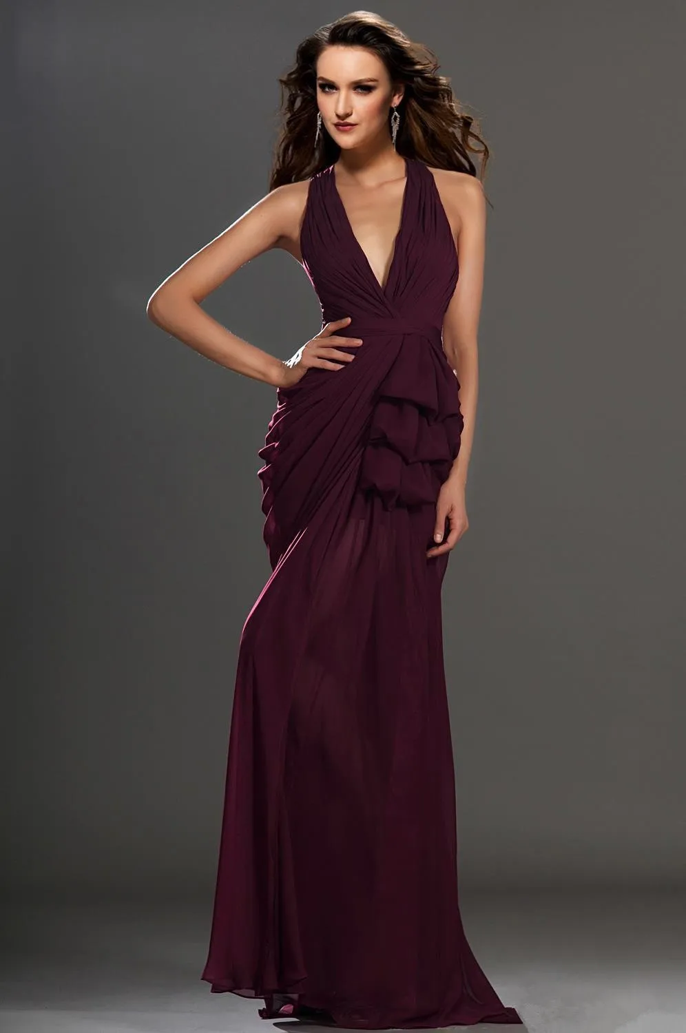 1 2014 Gorgeous Prom Dresses Sexy Wine Red V Neck Backless Floor Length Split Front Draped Chiffon Evening Party Dresses (1)