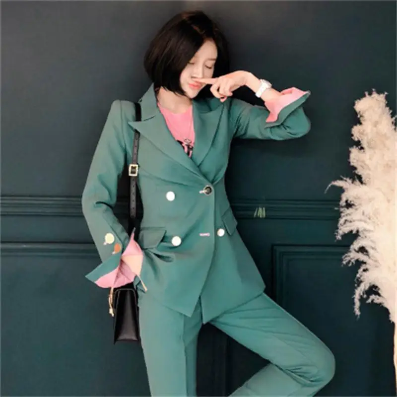 

Fashion green Pant suits femme autumn New casual OL double-breasted small suit jacket high-end business suit two-piece set women