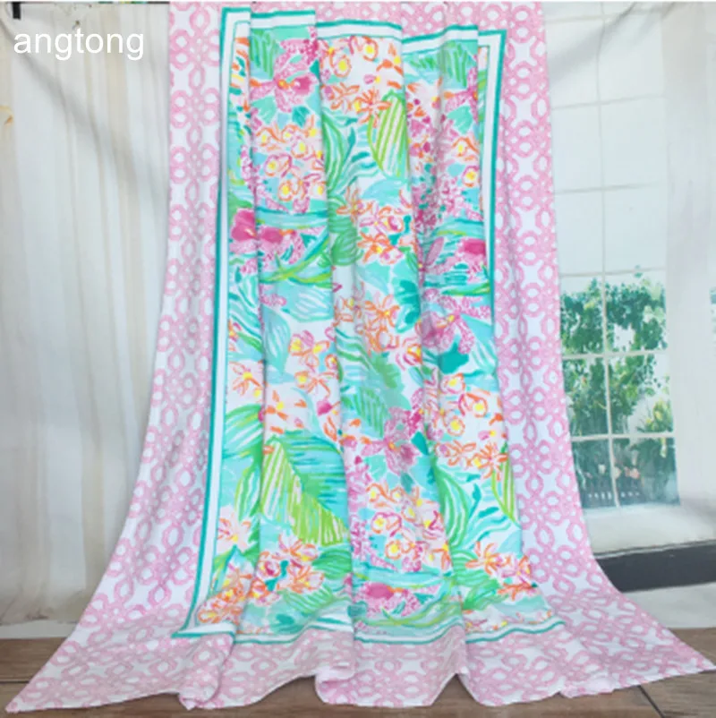 

170X170cm big beach towel European and American wind pink bottom with pastoral flower print 100% cotton 2 persons beach towel