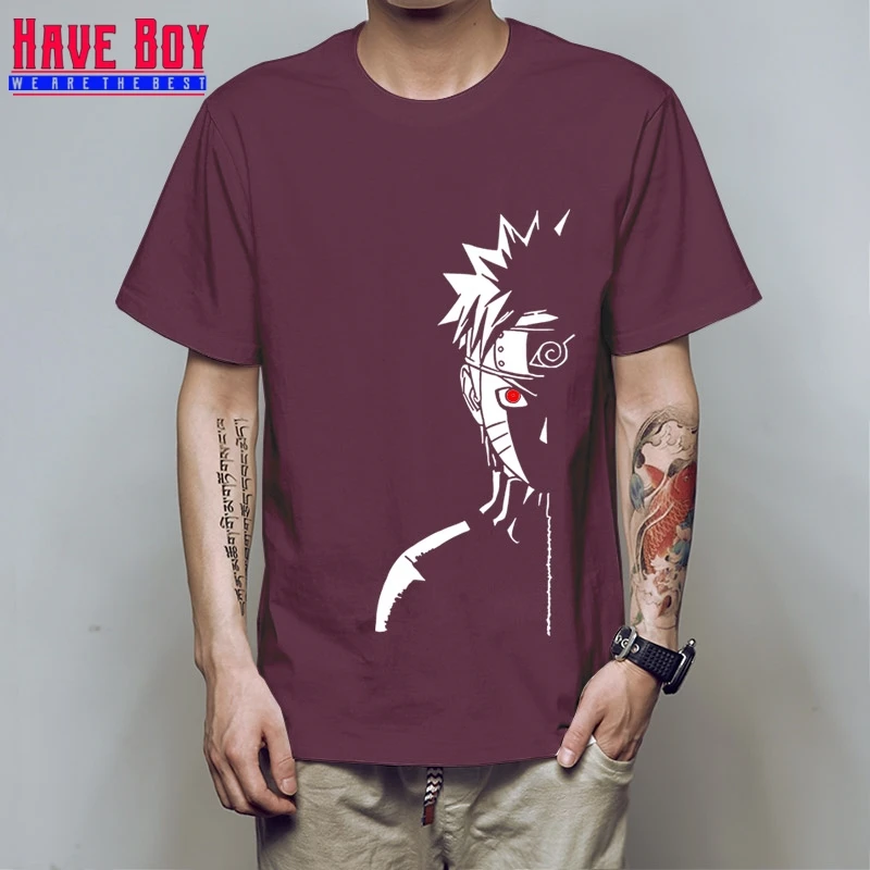 HAVE BOY Мужская модная футболка брендовые летние футболки Наруто Shippuden Red Sun аниме полосатая мужская футболка хлопок топ тройники HB196 - Цвет: maroon white