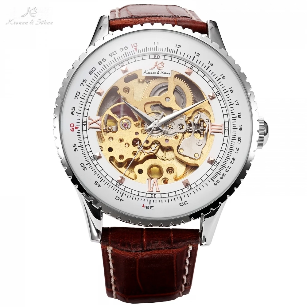 Kronen Sohne Royal Carving Brown Leather Band Automatic Mechanical Skeleton Men Dress Gift Relogio Self Winding Watch /