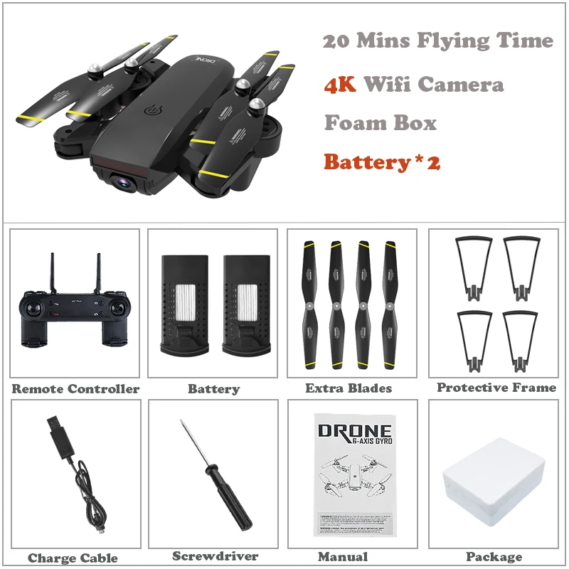 Blk 4K 2 Bat Foam 2,4 ГГц 4CH Радиоуправляемый Дрон широкоугольный WiFi FPV 4 K HD камера двойная оптическая камера Вертолет RC Квадрокоптер селфи Дрон дополнительная батарея - Цвет: Blk 4K 2 Bat Foam