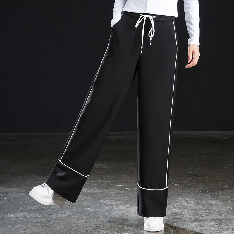 

2019 New Elasticated high waist Side Stripe Women Wide Leg Pants Black Autumn Winter