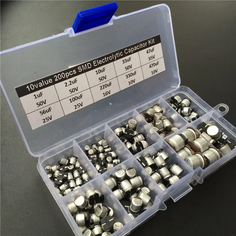 10values 200pcs SMD Electrolytic Capacitor Assorted Kit 10V 50V 1uF 470uF With Storage Box