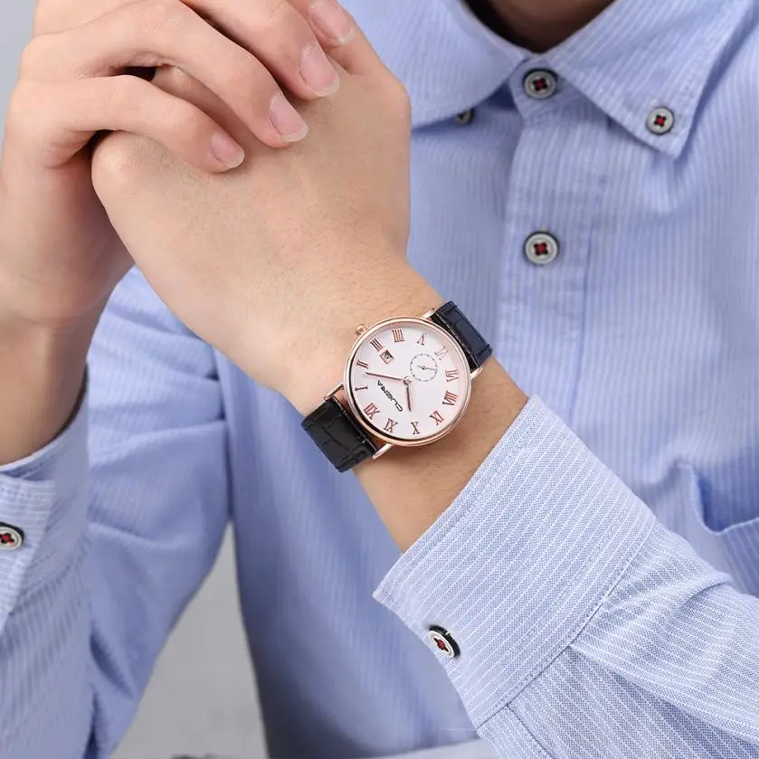 

9s & cheap Fashion Men Casual Checkers Faux Leather Quartz Analog Wrist Watch High Quality Watch 0717