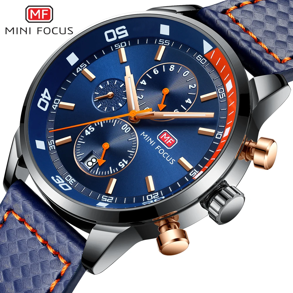 

Mini Focus Men's Sport Watches Gifts for Men Chronograph Wrist Watches Man Quartz Blue Leather Auto Date Male Watch Clock Men