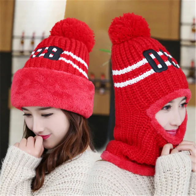 Модная детская зимняя теплая вязаная шапка женская Детская кепка шапочки маска Шарф утолщенная флисовая женская шапка для мальчика бант для девочки шапочка - Цвет: Red