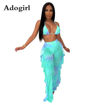 Tie Dye Galaxy Print Summer 2 Piece Set Woman Sexy Bra Halter Crop Top Ruffles Splicing Side Straight Wide Leg Pants Clubwear crop self tie halter top