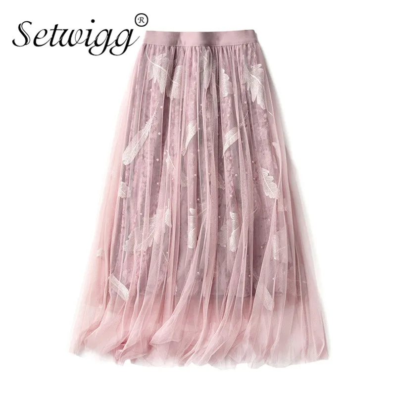 

Winter Sweet Embroidered Leaves Pearls Layered Tulle Velvet Long Skirts Embroidery Pleated A-line Pleuche Long Skirts