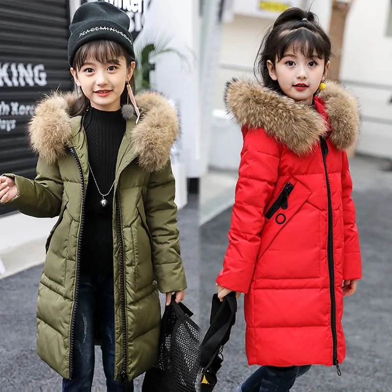 Зимние Пуховые парки для девочек, куртки, пальто Длинная модель, теплые пальто для маленьких девочек плотная теплая куртка на утином пуху верхняя одежда для детей пуховые пальто